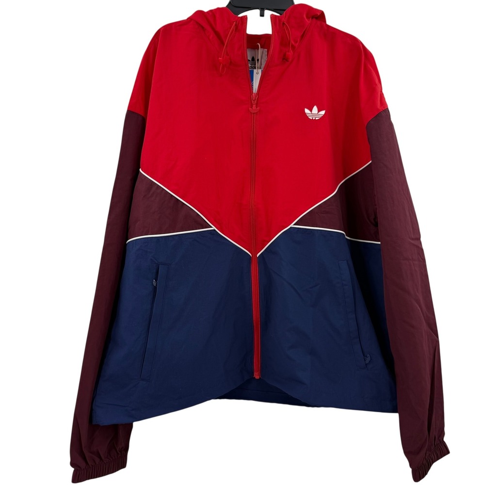 Adidas Windbreaker Jacket Mens Color Block‎ Red Blue Maroon Hooded Size Small